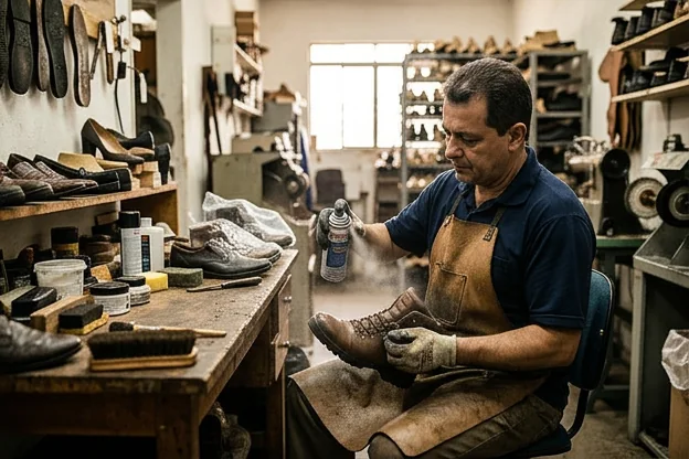 Profissional aplicando impermeabilizante em calçados em Suzano, demonstrando o cuidado com os materiais.