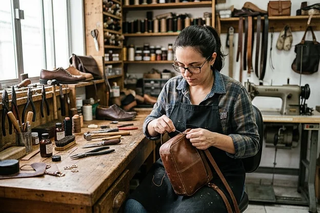 Profissional reformando uma bolsa de couro em Suzano, demonstrando o processo de restauro com ferramentas.